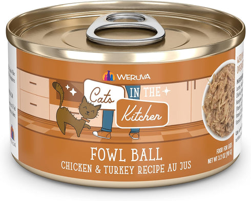 Weruva Cats in The Kitchen Fowl Ball, Chicken & Turkey Au Jus Cat Food, 3.2 oz Can, Pack of 24