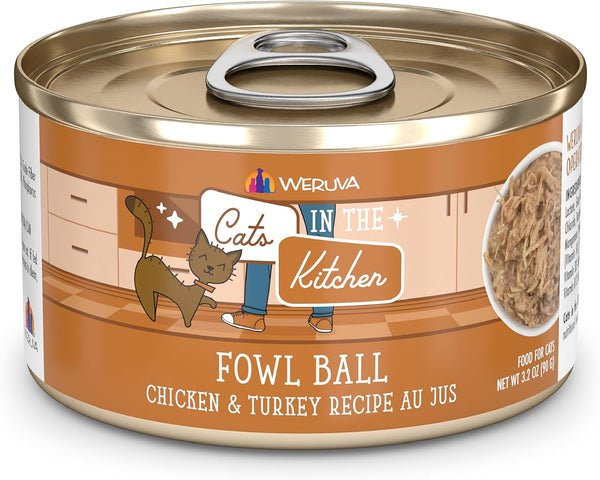 Weruva Cats in The Kitchen Fowl Ball, Chicken & Turkey Au Jus Cat Food, 3.2 oz Can, Pack of 24