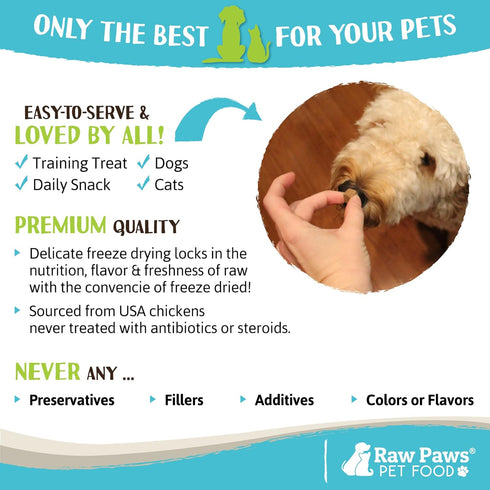 Raw Paws Freeze Dried Chicken Liver Dog Treats & Cat Treats, 4-oz - Made in USA, Single Ingredient