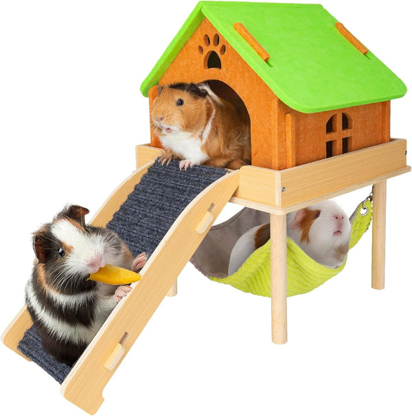 BESNEW 3 in 1 Enlarged Guinea Pig Hammock with House & Platform,Wooden