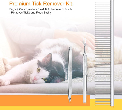 BWOGUE Premium Tick Removal Kit for Dogs and Cats - Stainless Steel Tool with Comb for Easy Tick and Flea Removal