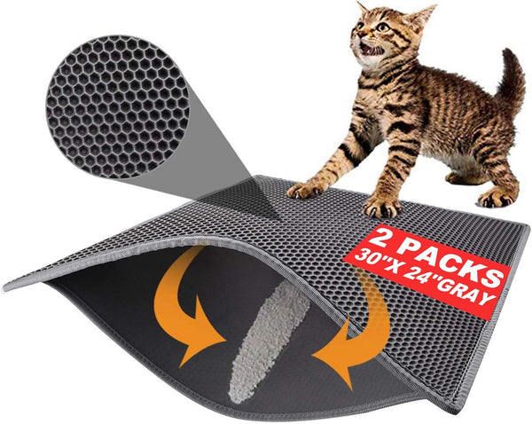 Pieviev 2 Packs Cat Litter Mat, Double Layer Waterproof Urine Proof Trapping Mat (30''X24'', Gray)