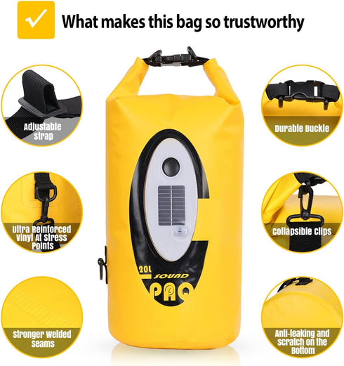 Waterproof Dry Bag with Solar Bluetooth Speaker & Light, 20L Roll Top Dry Sack for Kayaking, Hiking