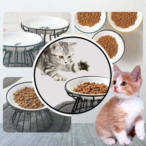 Elevated Cat Bowl, Raised Ceramic Cat Dish with Metal Stand, Pet Feeding Station for Indoor Cats, Kittens, Puppies,