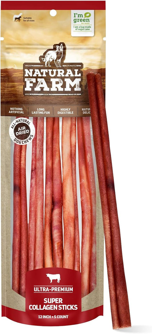 Natural Farm Odor-Free Super Collagen Dog Chews - 12-Inch, 5-Pack - 100% Natural Angus Hide Collagen Treats