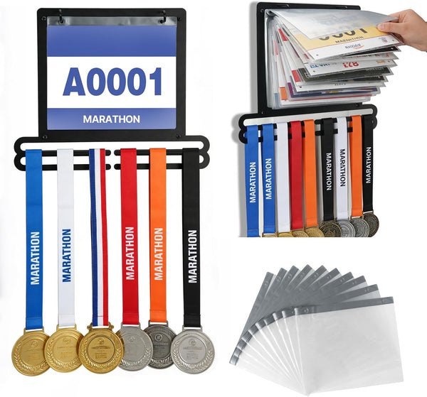 Kamnowal Race Medal and Bib Display Wall Mounted Rack, Heavy Duty Metal Hanger