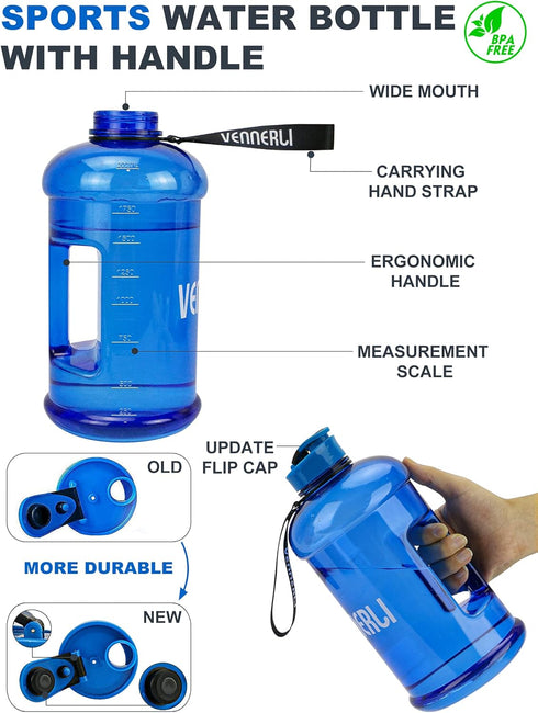VENNERLI Half Gallon Water Bottle 2.2L, Large Sports Water Bottle with Handle, BPA-free, Leakproof Hydro Bottle
