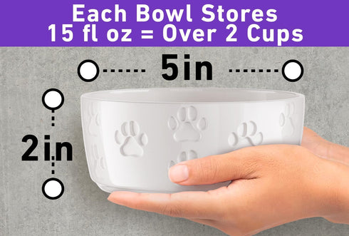 Ceramic Dog Bowl Set with Anti-Slip Rings, 5" Round x 2" Tall, Set of 2 for Small Dogs, White Dog Food Bowls