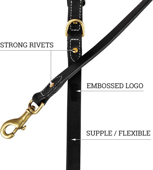 Heavy Duty Genuine Leather Dog Leash, Hand Made for Small, Medium & Large Breeds, Soft Padded Handle, Black, Brown, 5'