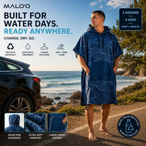 Maloo Nalu Changing Poncho Hooded Surf & Swim Towel Poncho for Adults & Kids, Quick-Dry, Ultra-Soft, Made from Recycled