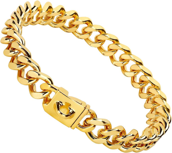 Gold Dog Chain Collars 18K Metal Cuban Link with Secure Buckle for Small Medium Large Dogs