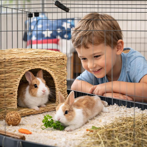 Chinchilla (2 Pack) HERCOCCI Extra Large Grass House for Rabbit, Foldable & Comfortable - Small Animal Hut Play
