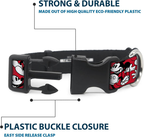 Buckle-Down Plastic Clip Collar - Mickey Mouse Poses Scattered Red/Black/White - 1" Wide, Fits 11-17" Neck