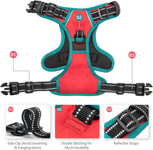PHOEPET 2019 Reflective Dog Harness, Large Breed Adjustable No Pull Vest with Handle, 2 Metal Rings, XL, Red