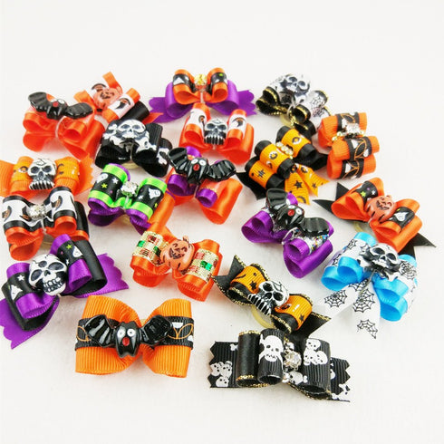50pcs/Pack Pet Dog Cat Halloween Hair Bows, Rhinestone Puppy Grooming Bows with Rubber Bands