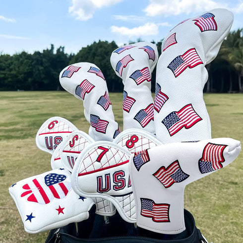 US Flag Golf Putter Cover - Premium Leather Blade Headcover with Magnetic Closure, White Golf Accessories for Men