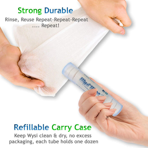 Multi-Purpose 9x9” Expandable Wipes with Travel Tubes - Pack of 5 Tubes (60 Tabs Total) - All Natural Reusable Wipes