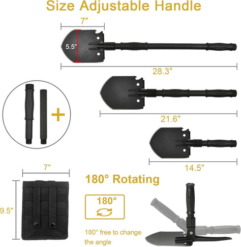Survival Folding Shovel (28.3'') Camping Multitool with Pickaxe, Compass, Whistle, Molle Bag for Emergency