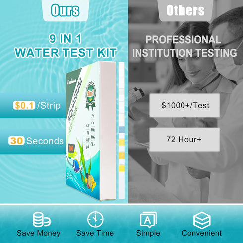 9 in 1 Aquarium Test Kit for Freshwater and Saltwater, 100 Test Strips with Test Tube & Thermometer