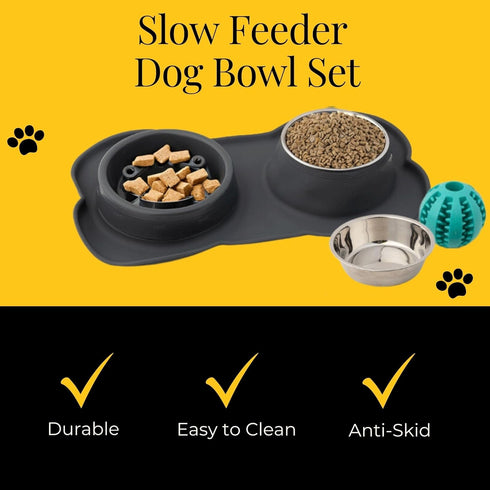 Slow Feeder Dog Bowls to Slow Down Eating, Dog Bowl Slow Feeder with No-Spill Non-Skid Silicone Mat, Stainless Steel Dog Water Bowl for Dogs Canine Karma - Pet Goodness