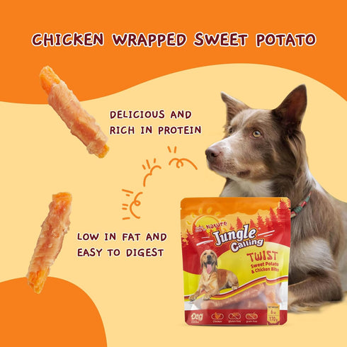 6 oz Jungle Calling Dog Treats, Skinless Chicken Wrapped Sweet Potato, Gluten and Grain Free, Chewy Dog Bites