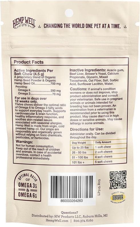 Immune 8 Count Hemp Well Thrive Chews for Dogs Support Hip, Joint, and Heart Health, Promotes and Skin Health, Organic.