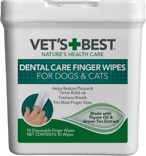 Vet's Best Dental Care Finger Wipes, 50 Count, Reduces Plaque & Freshens Breath for Dogs & Cats