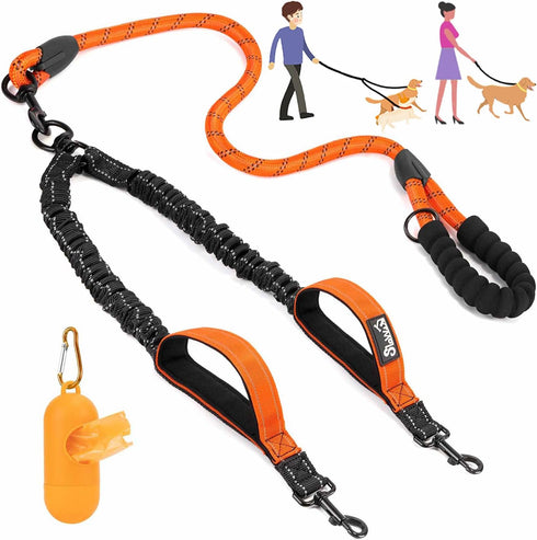 Lukovee Double Dog Leash - No Tangle 360° Swivel Heavy Duty Reflective Lead for Dogs (Orange, L)