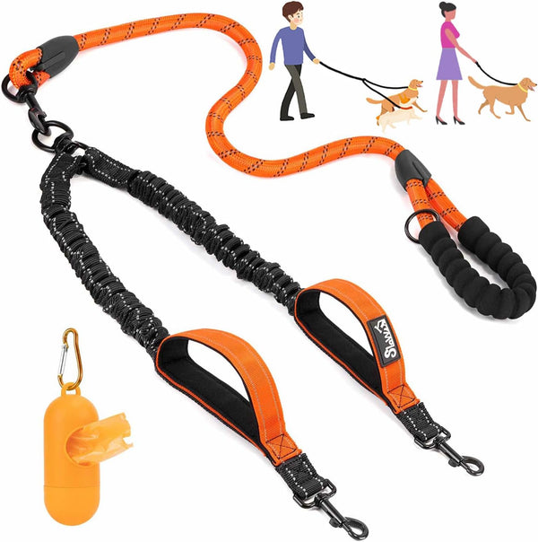 Lukovee Double Dog Leash - No Tangle 360° Swivel Heavy Duty Reflective Lead for Dogs (Orange, L)