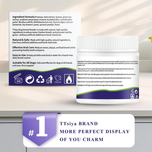 Breeds.100g Dog Dental Cleaning Powder - Probiotic Dental Care freshens Breath, Controls Plaque, and removes Tartar.