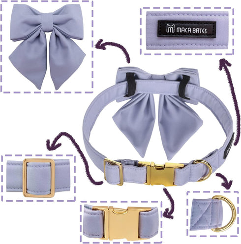 Maca Bates Dog Collar with Bow Bowtie for Dogs Solid Colors Sailor Bow Tie Adjustable Breakaway Violet Collars Accessories Birthday Gift for Small Medium Large XL Puppy with Golden Metal Buckle