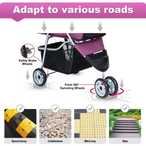 3Wheels BestPet Pet Dog Stroller for Folding Lightweight Cat Travel Stroller with Cup Holder,Purple