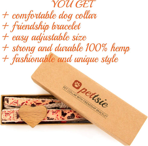 Pettsie Dog Heart Collar & Matching Bracelet - Adjustable Durable Hemp for Dog Owners, Small & Medium Sizes