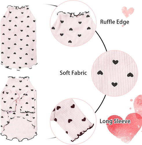 Pet Clothes for Small Dogs Cat Summer Fall Heart Print Shirt Stretchable Ruffle Long Sleeve Outfits for Chihuahua Schnauzer Shih Tzu Yorkie (Pink, Medium)