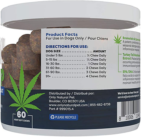 Only Natural Pet Allergy, Skin & Coat Hemp Soft Chews, Omega 3 Supplement for Dogs, Calming Treats for Itchy Skin