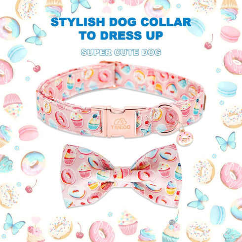 Pink Dog Collar with Bow Tie, Cute Cake Design, Durable and Adjustable, Available in Small Medium Large