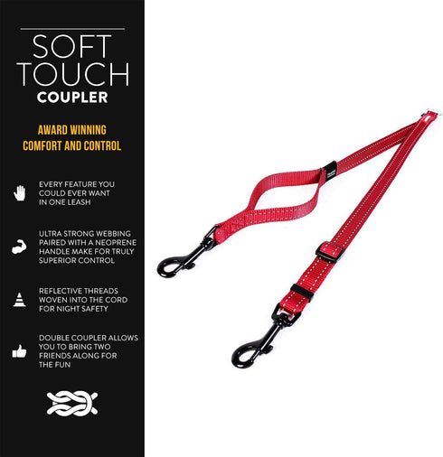 EzyDog Soft Touch Coupler Adjustable Double Dog Leash - Superior Tangle-Free Experience and Reflective for Nighttime Safety - Ranges from 14 to 24 Inches - Perfect for Walking Two Dogs (Black)