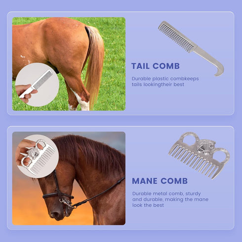 10pcs Set Horse Grooming Kit, Horse Brushes for Grooming Horse Cleaning Tool with Tote Bag, Sweat Scraper, Curry Comb