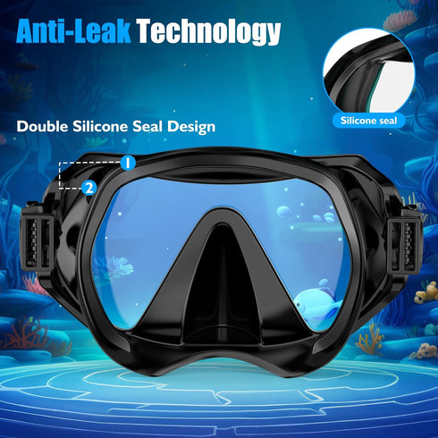 Snorkeling Gear for Adults, Dry-Top Snorkel Set with Scuba Diving Mask, Anti-Leak Anti-Fog Tempered Glass Lens