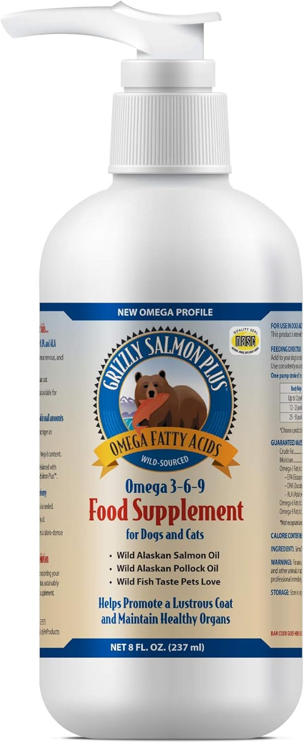 Grizzly Pet Products Salmon Plus Omega 3-6-9 Food Supplement for Dogs and Cats, 8 oz