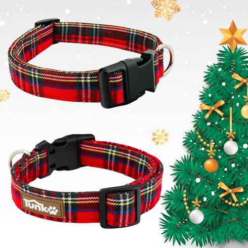 Christmas Plaid Dog Collar, Adjustable Red Collar for Boy and Girl Dogs with Strong Plastic Buckle, L