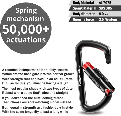 FresKaro 3inch Auto Locking Carabiner Clips, Heavy Duty Aluminum Keychain, Solid D Shape