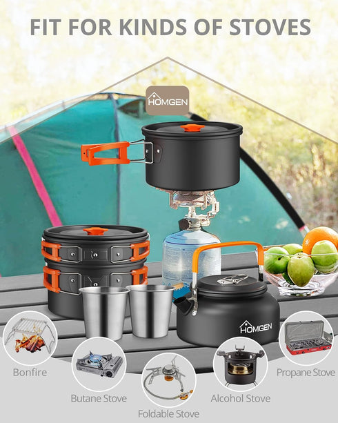 HOMGEN Camping Cooking Set - Lightweight Aluminium Pots and Pans Kit for 2-3 People, Perfect for Camping, Picnic, Hiking