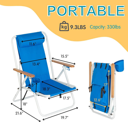 w/4 Outvita Folding Beach Chair Adjustable Headrest Flexible Tilt Angle, Cup Holder Portable High Strength Cleanable