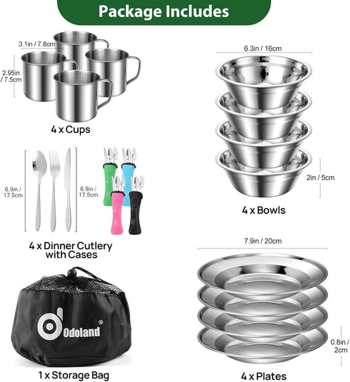 Odoland 29pcs Stainless Steel Utensils Camping Tableware Kit, Cutlery Set for 4, Outdoor Camping, Hiking, Picnic
