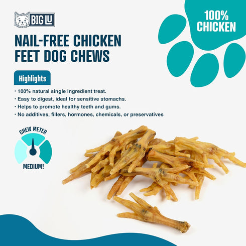 Big Lu – Nail-Free Chicken Feet Dog Chews - 100% Organic, Long Lasting, Rich in Glucosamine (60 Chews)