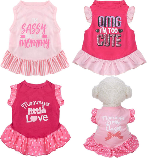 Weewooday 4 Pieces Cute Pink Pet Dress Shirt - Dog Sundress Printed Puppy Summer Apparel Clothes with Ruffles for Small