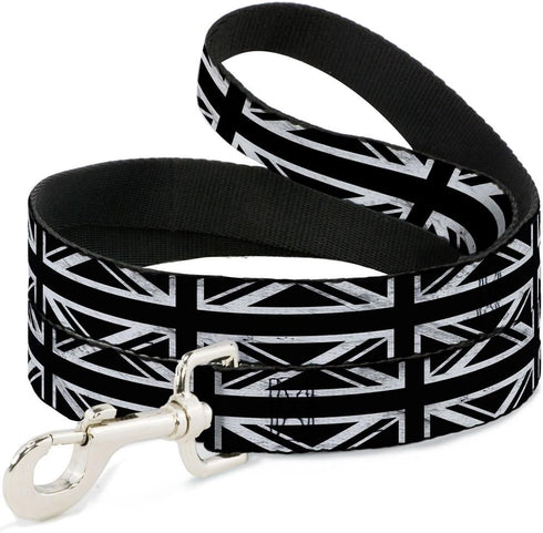 Buckle-Down Pet Leash - Distressed Union Jack Black/White - 4 Feet Long - 1" Wide
