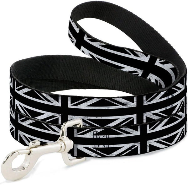 Buckle-Down Pet Leash - Distressed Union Jack Black/White - 4 Feet Long - 1" Wide