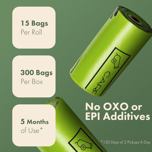 100% 300 Count, 100% (Not Made In China) Certified Home Compostable Dog and Cat Poop Bags, Plant Based Refill Rolls